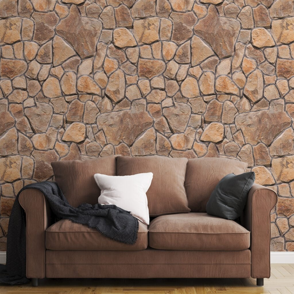 Earthy Cracked Stone Wall Wallpaper, Classic Cobblestone Texture Peel & Stick Wall Mural