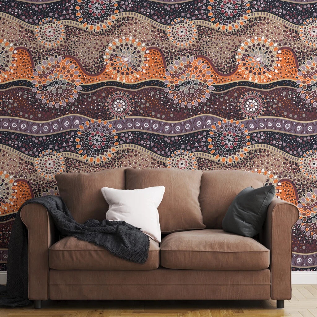 Oriental Cells Pattern Illustration Wallpaper, Earthy Tones Dot Art Peel & Stick Wall Mural