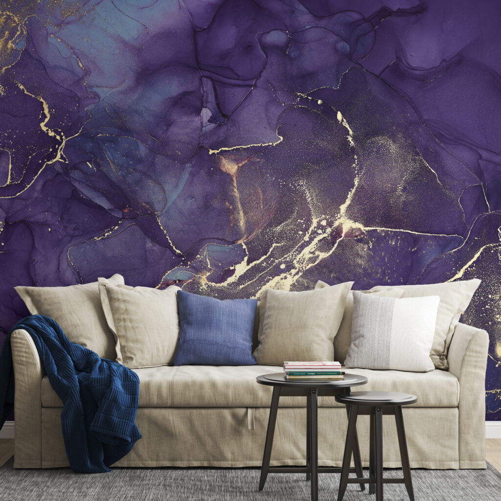 Dark Purple Marble Design With Yellow Highlights Wallpaper, Royal Marble Effect Peel & Stick Wall Mural