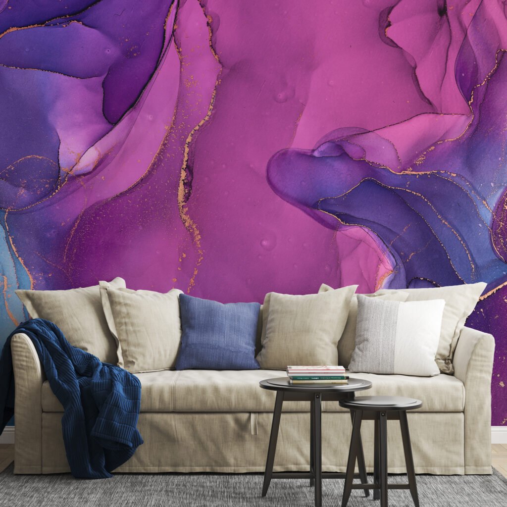 Dark Pink Purple And Blue Alcohol Ink Art Marble Wallpaper, Enchanting Lavender Swirls Peel & Stick Wall Mural