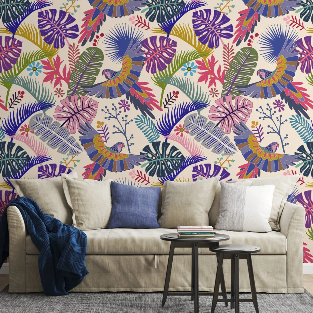 Colorful Tropical Illustration With Parrots Wallpaper, Vibrant Tropical Foliage Peel & Stick Wall Mural