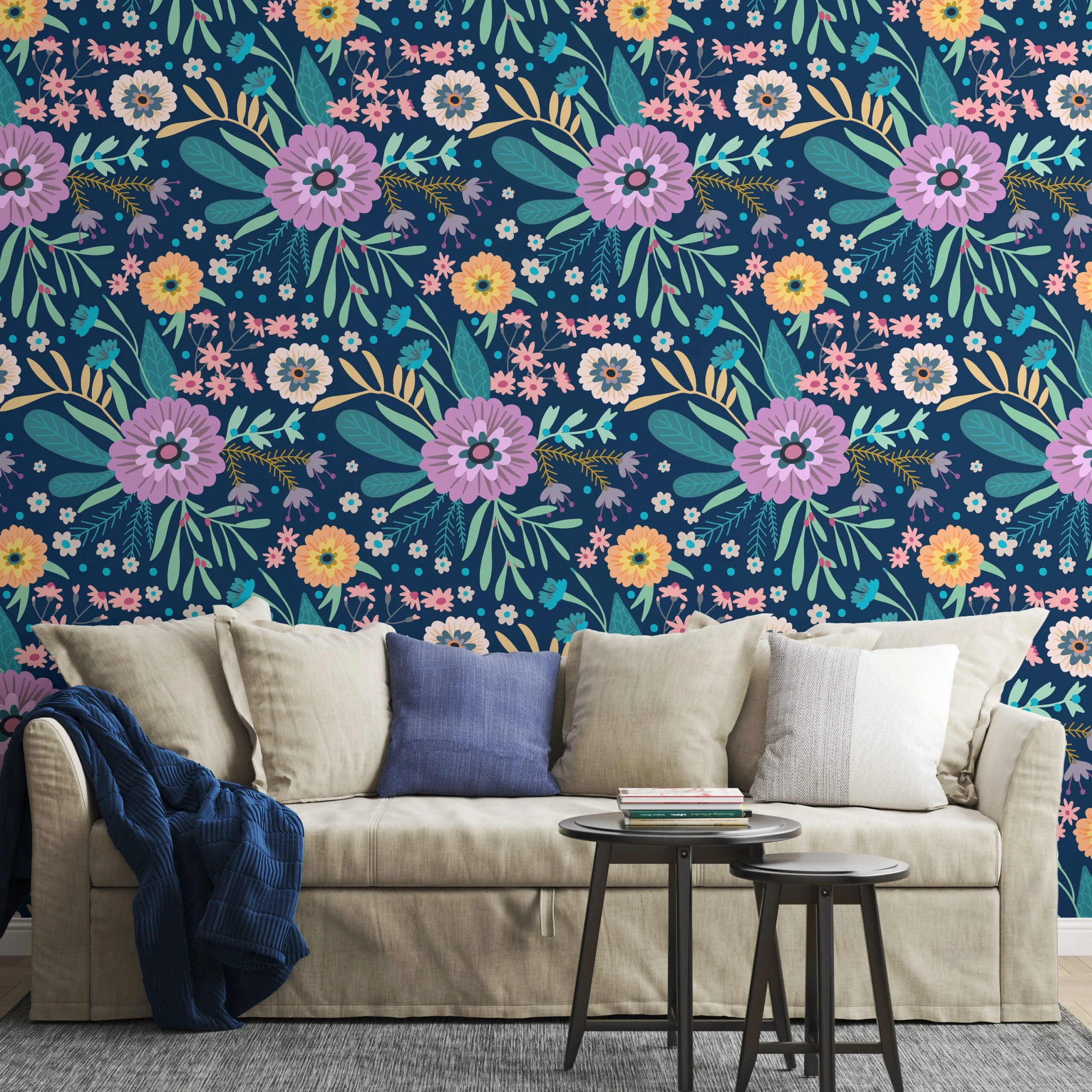 Floral Folk Art Flowers With A Dark Background Wallpaper, Enchanted Navy Garden Peel & Stick Wall Mural
