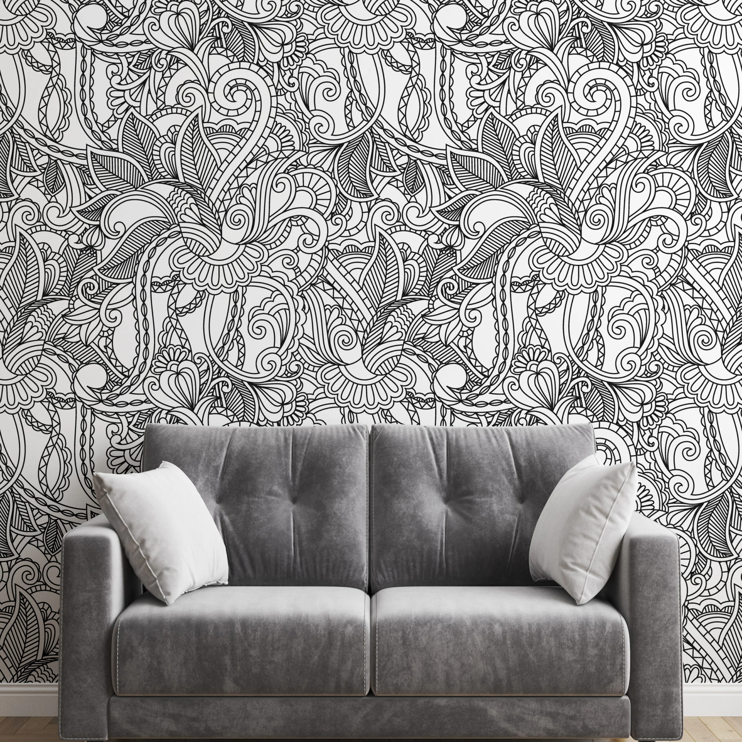 Paisley Black Line Art Wallpaper, Monochrome Chic Peel & Stick Wall Mural