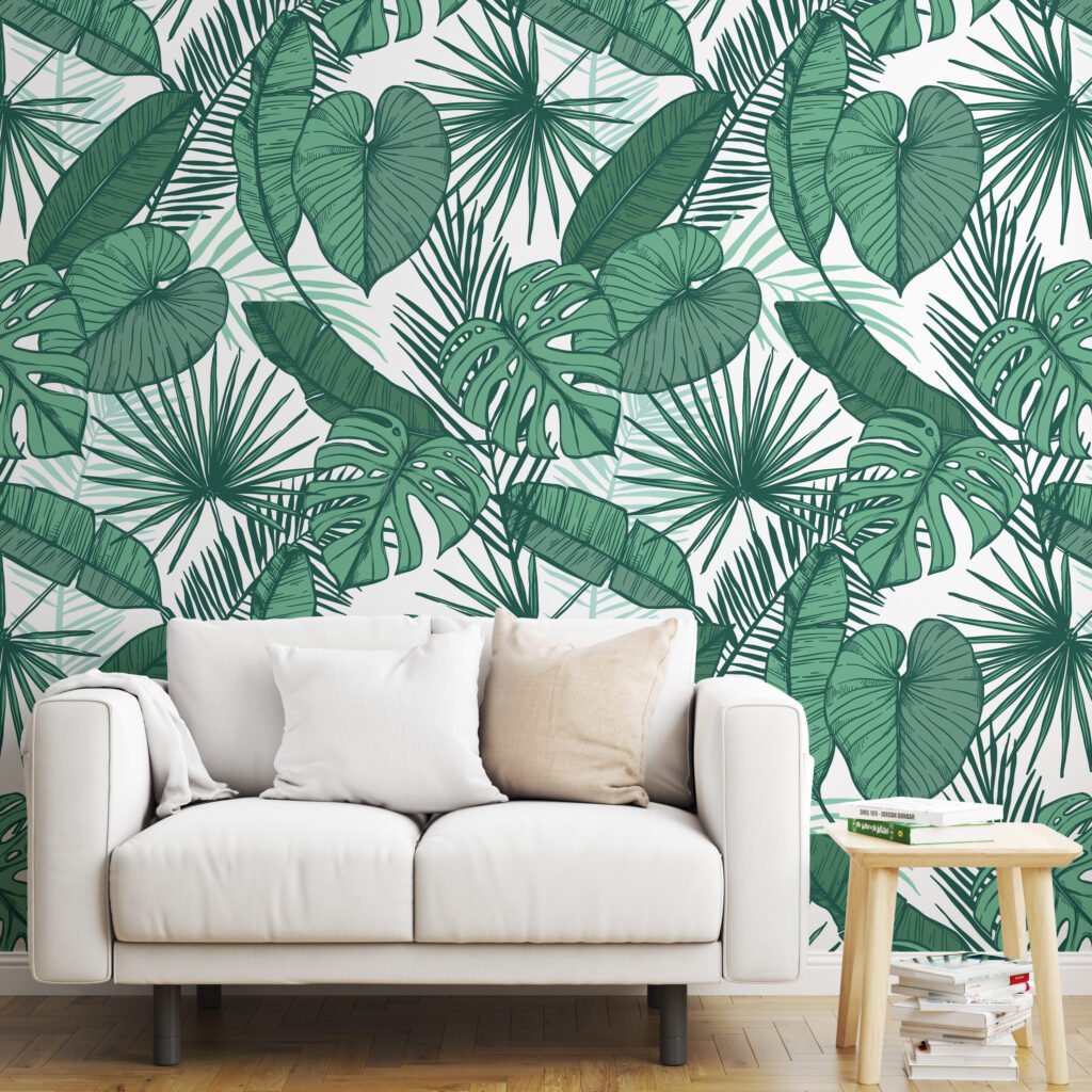 Green Tropical Leaves Illustration Wallpaper, Lush Greenery Sketch Peel & Stick Wall Mural