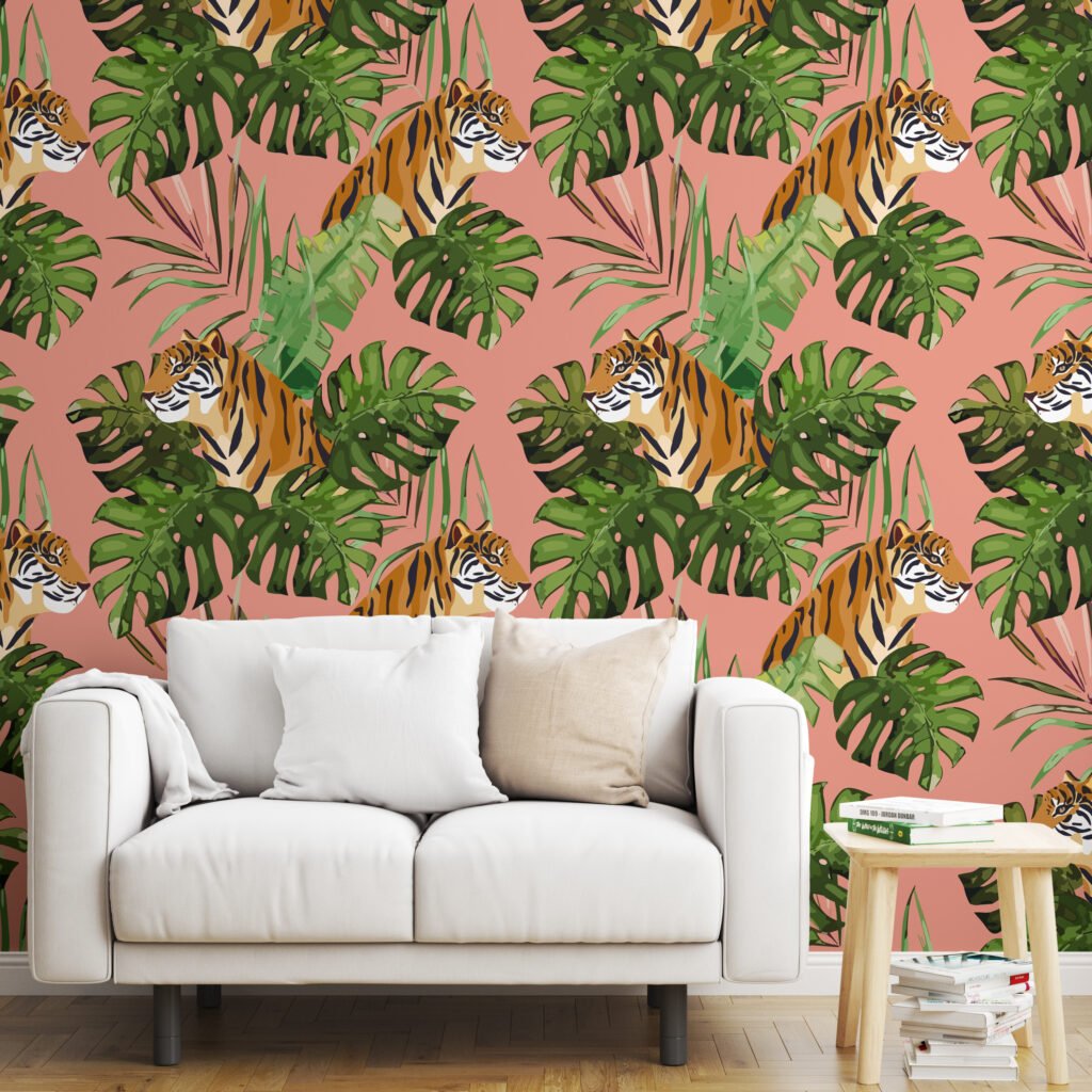Tropical Illustration With Tigers on A peach Background, Jungle-Inspired Lush Peel & Stick Wall Mural