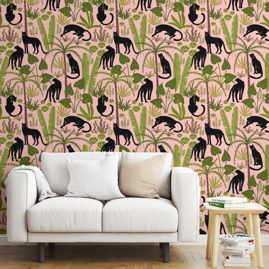 Flat Art Pink Jungle With Panthers Illustration Wallpaper, Prowling Black Panthers Peel & Stick Wall Mural