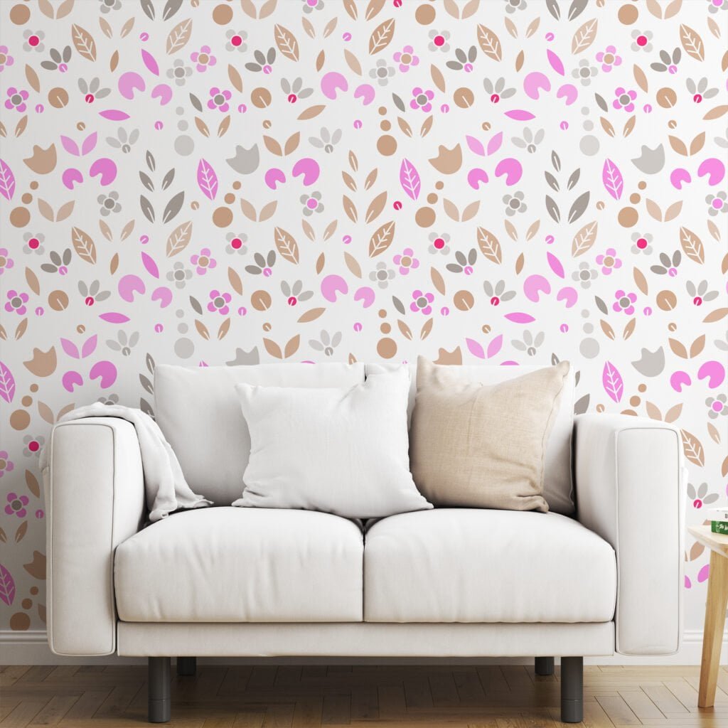 Flat Art Abstract Leaf Shapes Wallpaper, Modern Pink & Brown Nature Design Peel & Stick Wall Mural