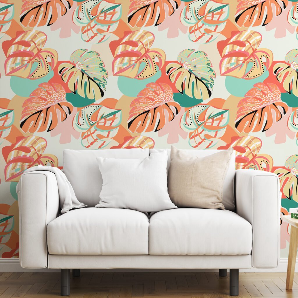 Colorful Monstera Leaves Abstract Illustration Wallpaper, Tropical Sunset Monstera Pattern Peel & Stick Wall Mural
