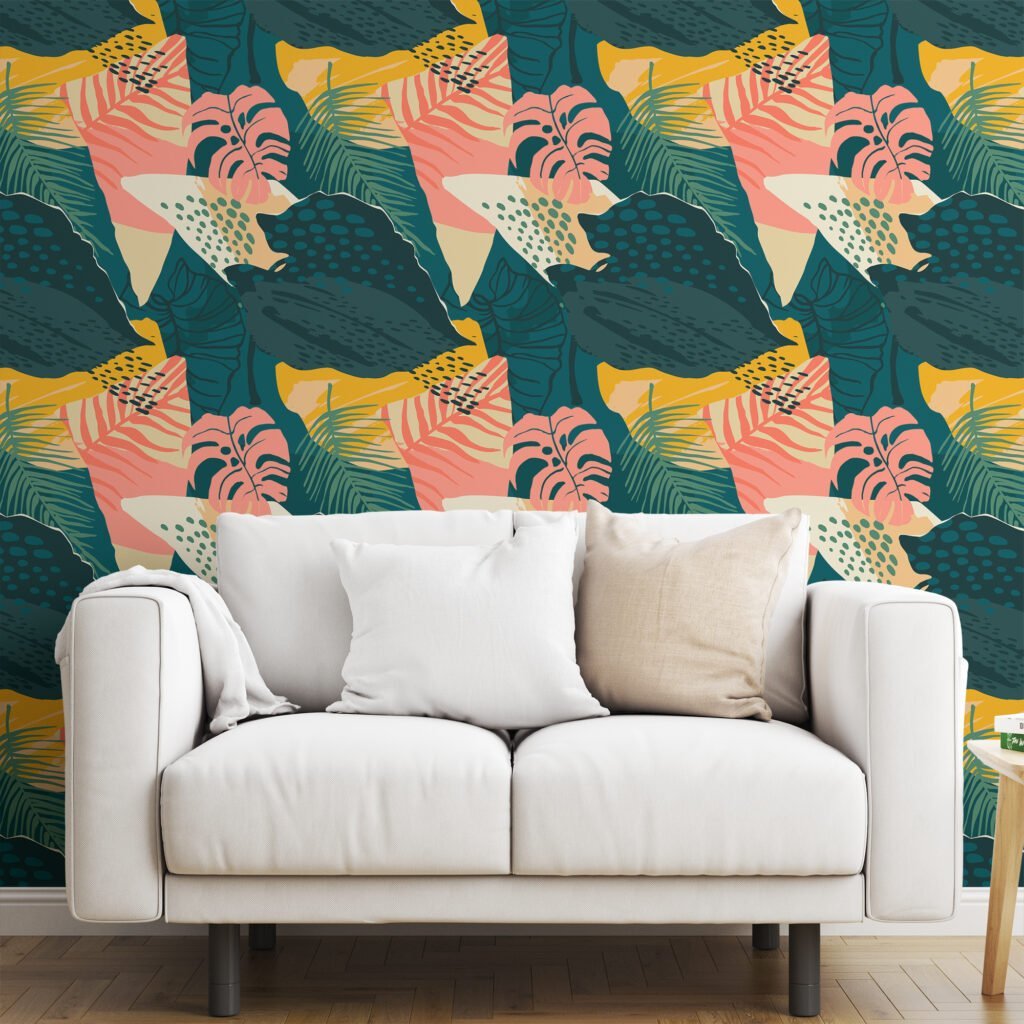 Abstract Flat Art Monstera Leaves Design Illustration Wallpaper, Tropical Foliage Peel & Stick Wall Mural