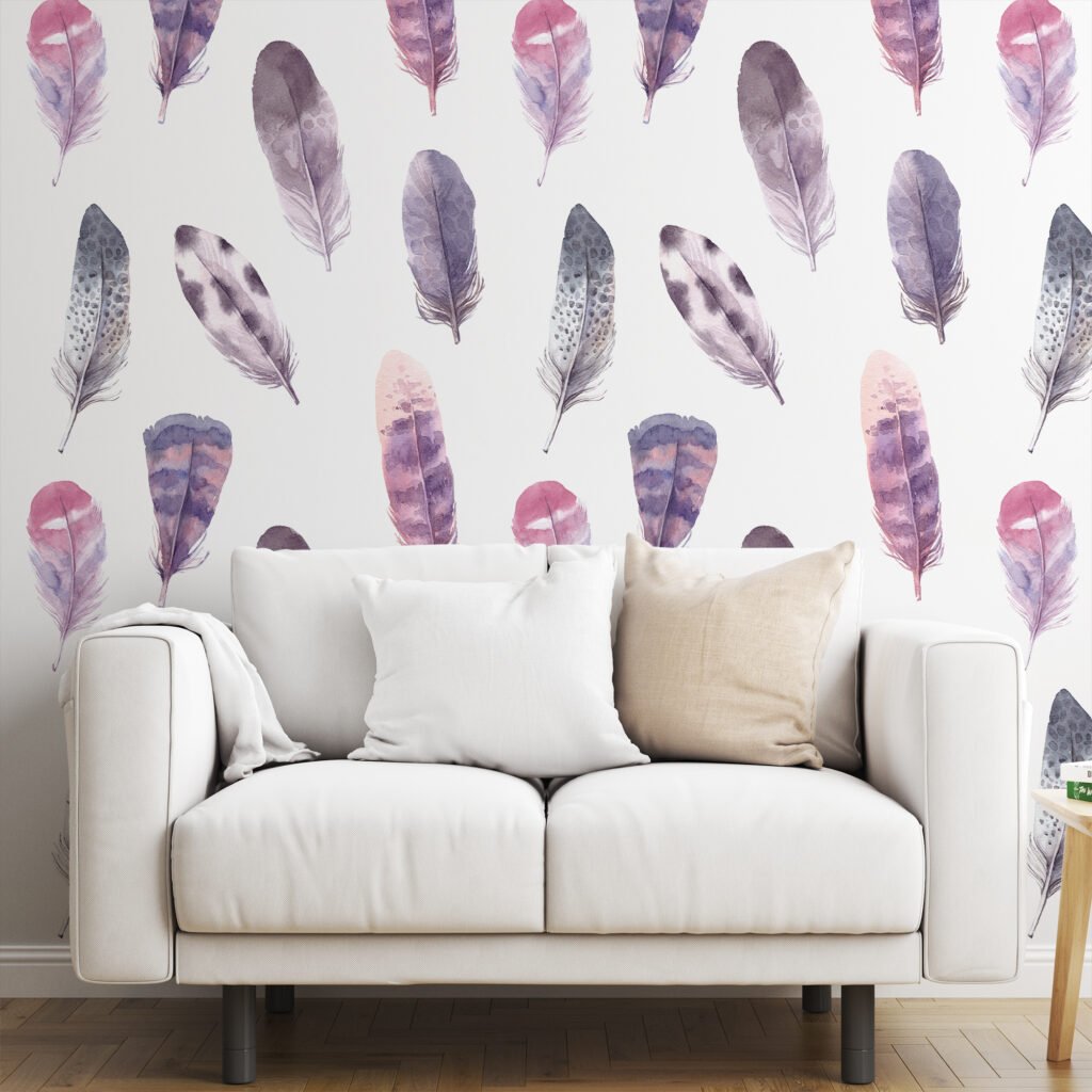 Watercolor Pastel Feathers Pattern Wallpaper, Whispering Soft Feathers Peel & Stick Wall Mural