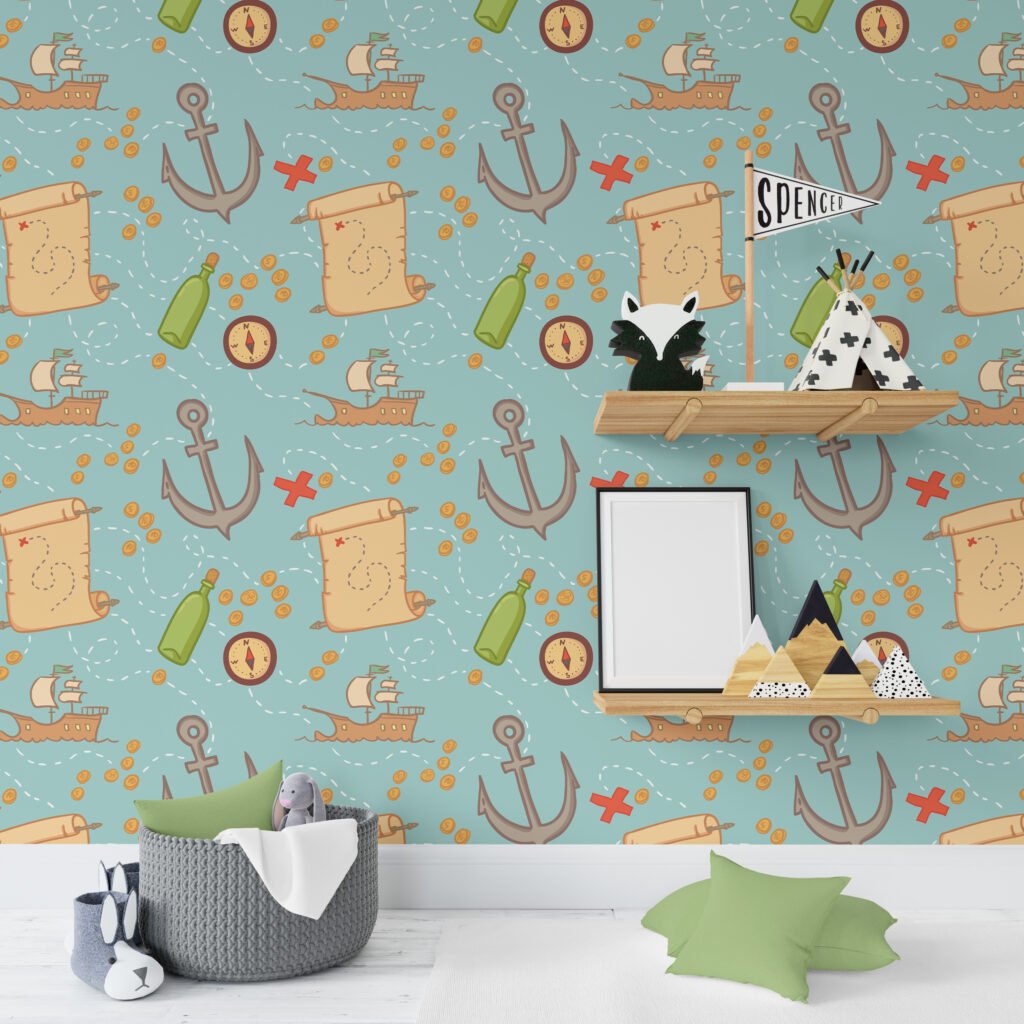 Pirate Themed Ships And Treasure Maps Wallpaper, Nautical Adventurous Kids Peel & Stick Wall Mural