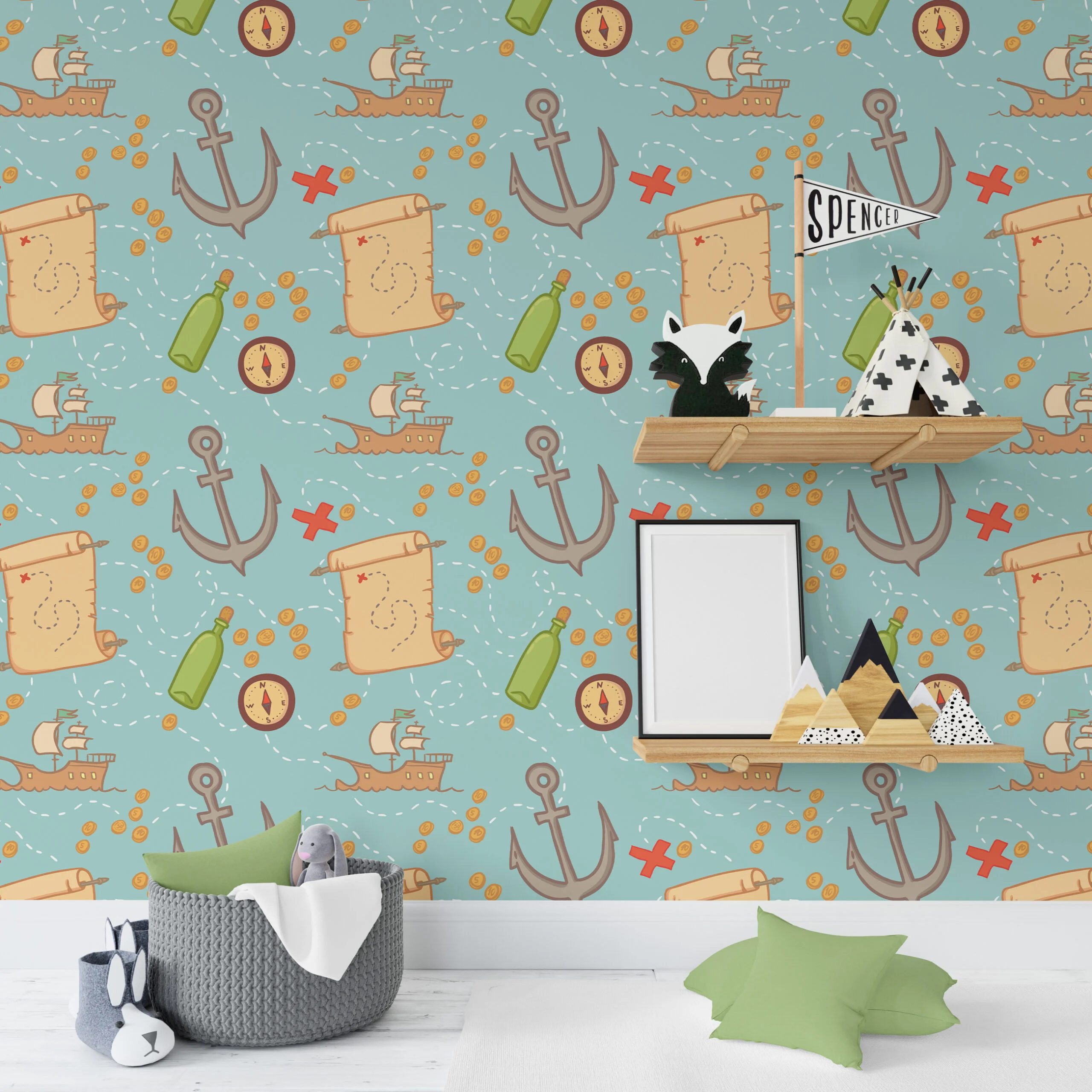 Pirate Themed Ships And Treasure Maps Wallpaper, Nautical Adventurous Kids Peel & Stick Wall Mural