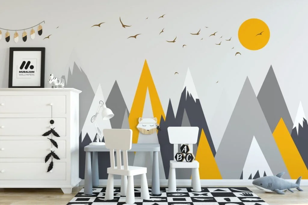 Minimalist Grey And Yellow Mountains Illustration Wallpaper, Modern Mountain Landscape Peel & Stick Wall Mural