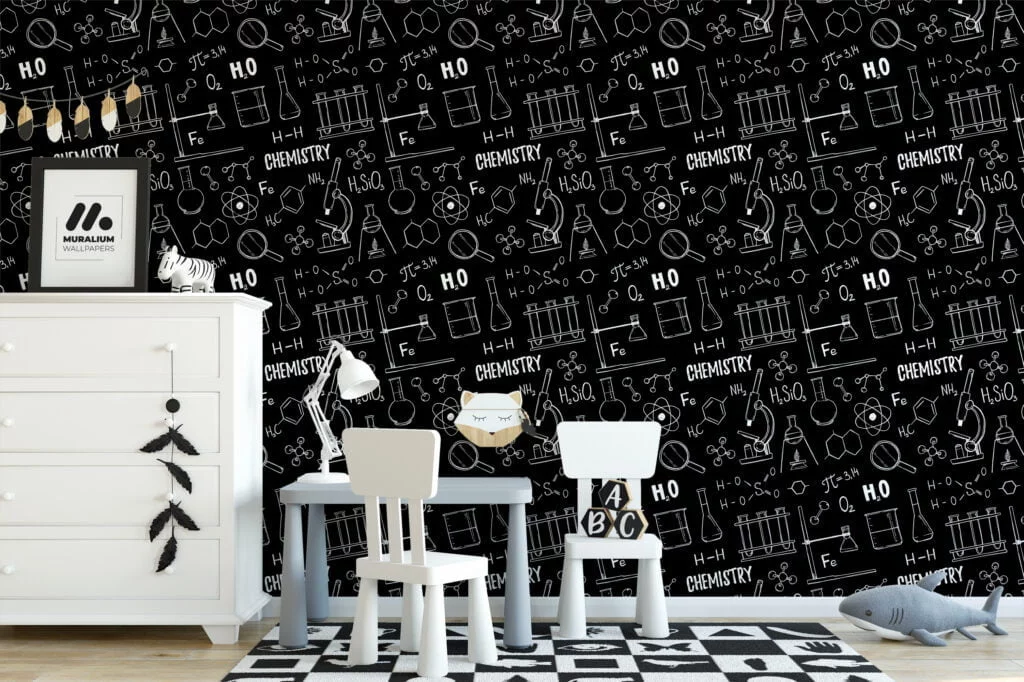 Chalkboard With Chemistry Icons Illustrations Wallpaper, Black and White Science Theme Wall Mural for Kids and Classrooms