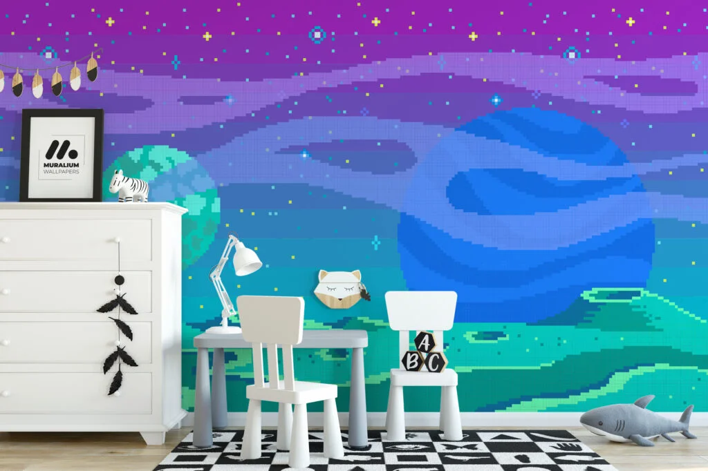 Colorful Pixel Art In Space Illustration Extraterrestrial Wallpaper, Retro Pixel Art Space Peel & Stick Wall Mural