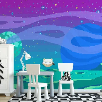 Colorful Pixel Art In Space Illustration Extraterrestrial Wallpaper, Retro Pixel Art Space Peel & Stick Wall Mural