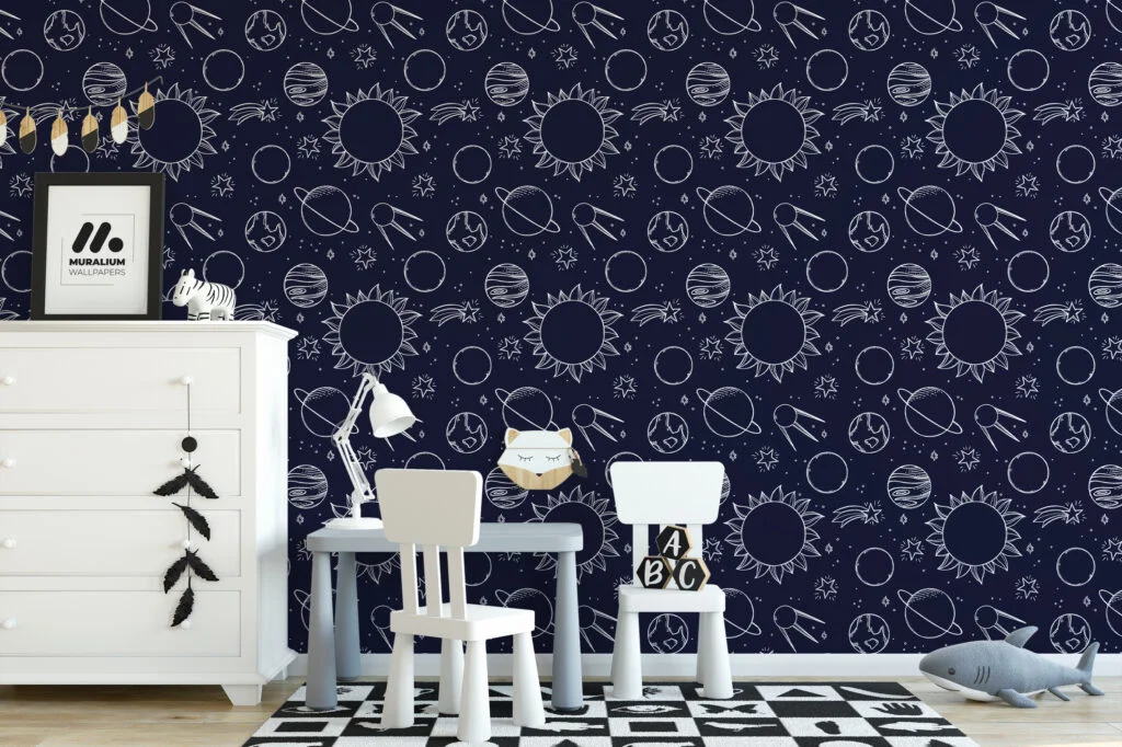 Planets And Space Line Art Design Wallpaper, Navy Cosmic Pattern Peel & Stick Wall Mural