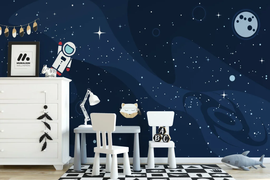 Space Nursery Wallpaper With Astronaut And Stars, Modern Astronaut In The Cosmos Peel & Stick Wall Mural