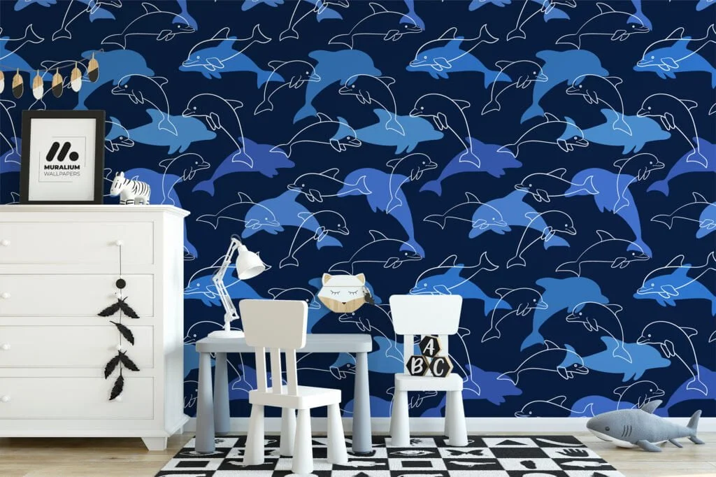 Blue Dolphins Pattern Illustration Wallpaper, Serene Blue Oceanic Kids' Room Peel & Stick Wall Mural