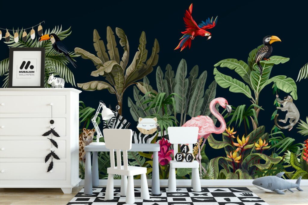 Tropical Jungle With Exotic Animals Illustration With A Dark Background, Exotic Animal & Floral Peel & Stick Wall Mural