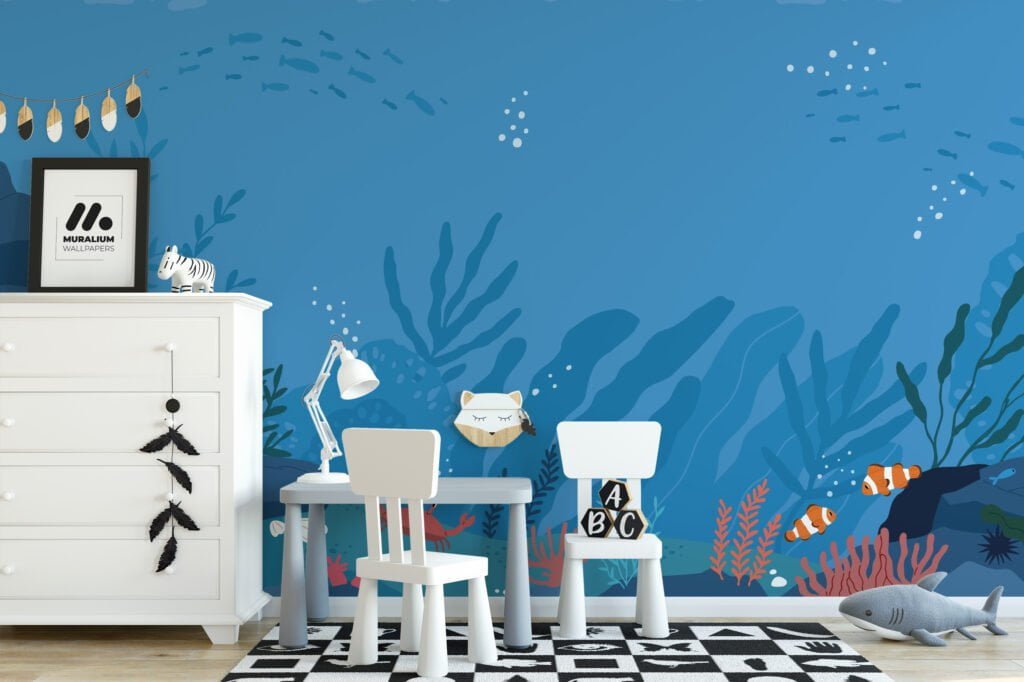 Cartoon Style Blue Underwater Ocean Illustration Wallpaper, Oceanic Nursery Art Peel & Stick Wall Mural