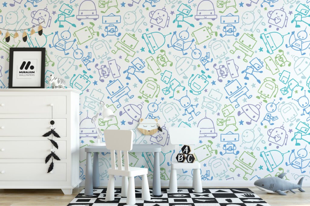Cute Doodle Robots Drawing Nursery Wallpaper, Playful Space Line Art Peel & Stick Wall Mural