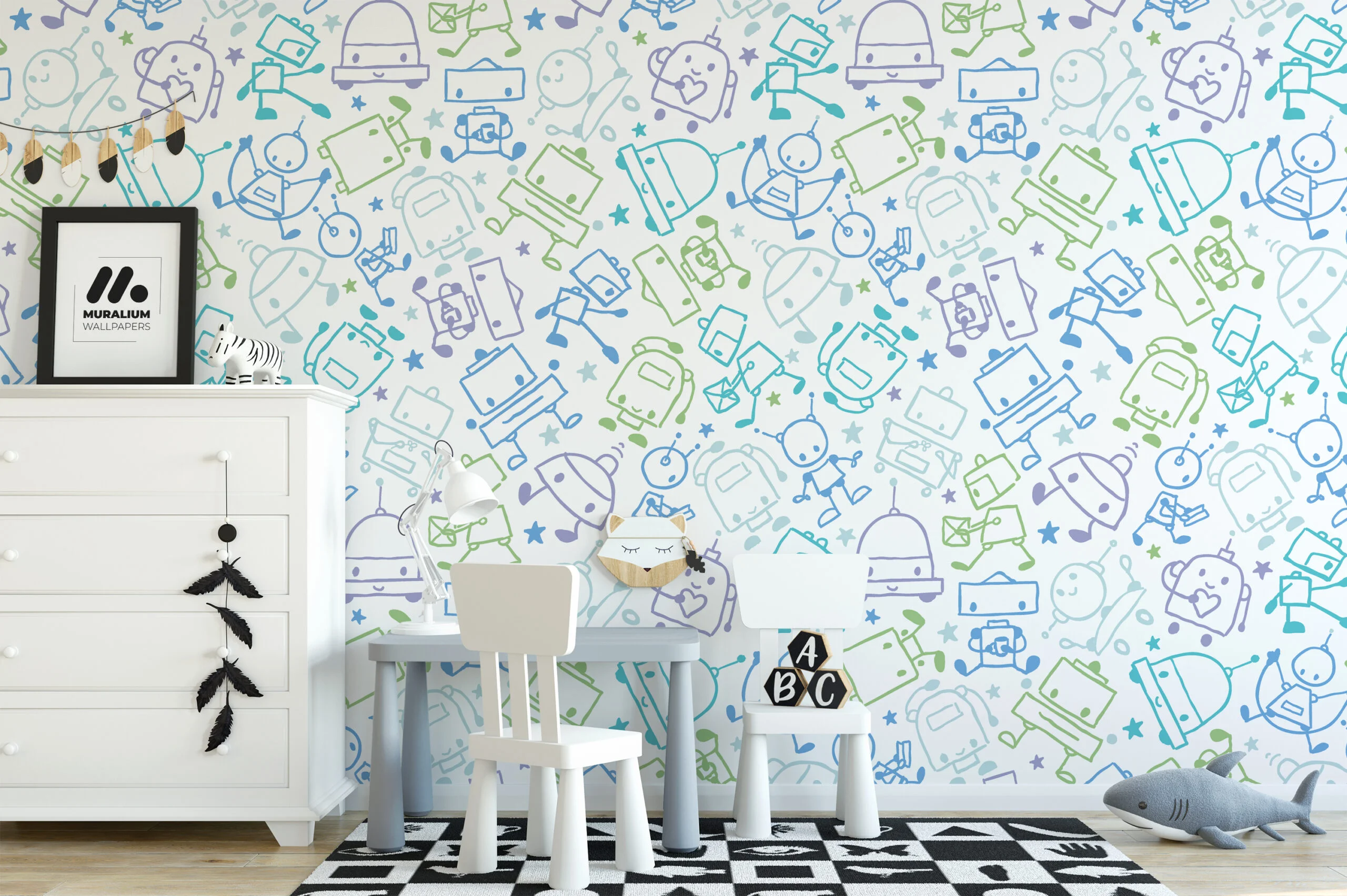 Cute Doodle Robots Drawing Nursery Wallpaper, Playful Space Line Art Peel & Stick Wall Mural