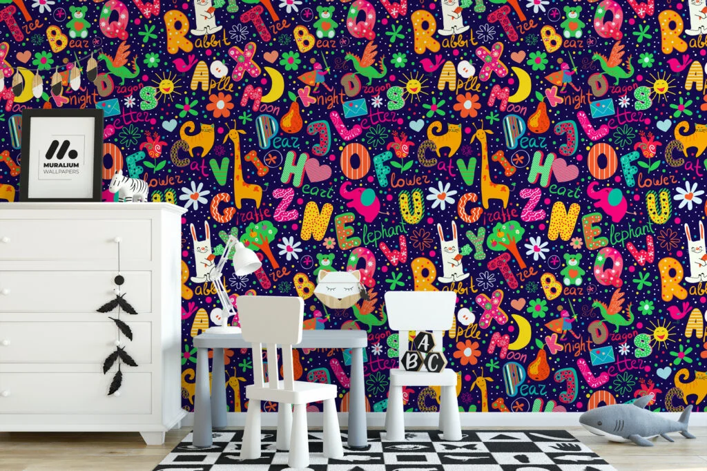 Cartoon Kids Illustration With Letters And Animals Wallpaper, Alphabet Adventure Nursery Peel & Stick Wall Mural