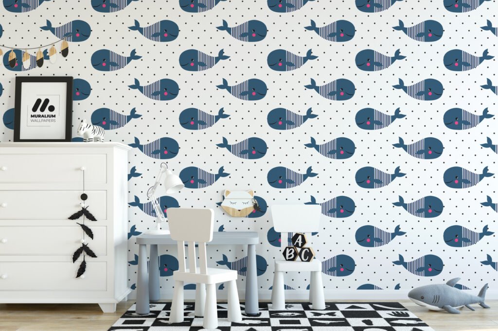 Cute Whale Illustration Pattern Nursery Wallpaper, Charming Navy Whale Peel & Stick Wall Mural