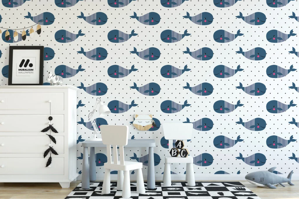 Cute Whale Illustration Pattern Nursery Wallpaper, Charming Navy Whale Peel & Stick Wall Mural