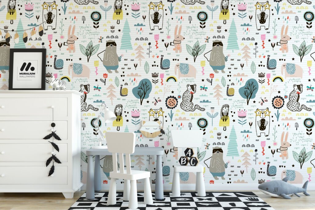 Cute Doodle Icons On Paper Pattern Wallpaper, Whimsical Woodland Drawings Peel & Stick Wall Mural