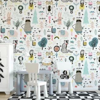 Cute Doodle Icons On Paper Pattern Wallpaper, Whimsical Woodland Drawings Peel & Stick Wall Mural