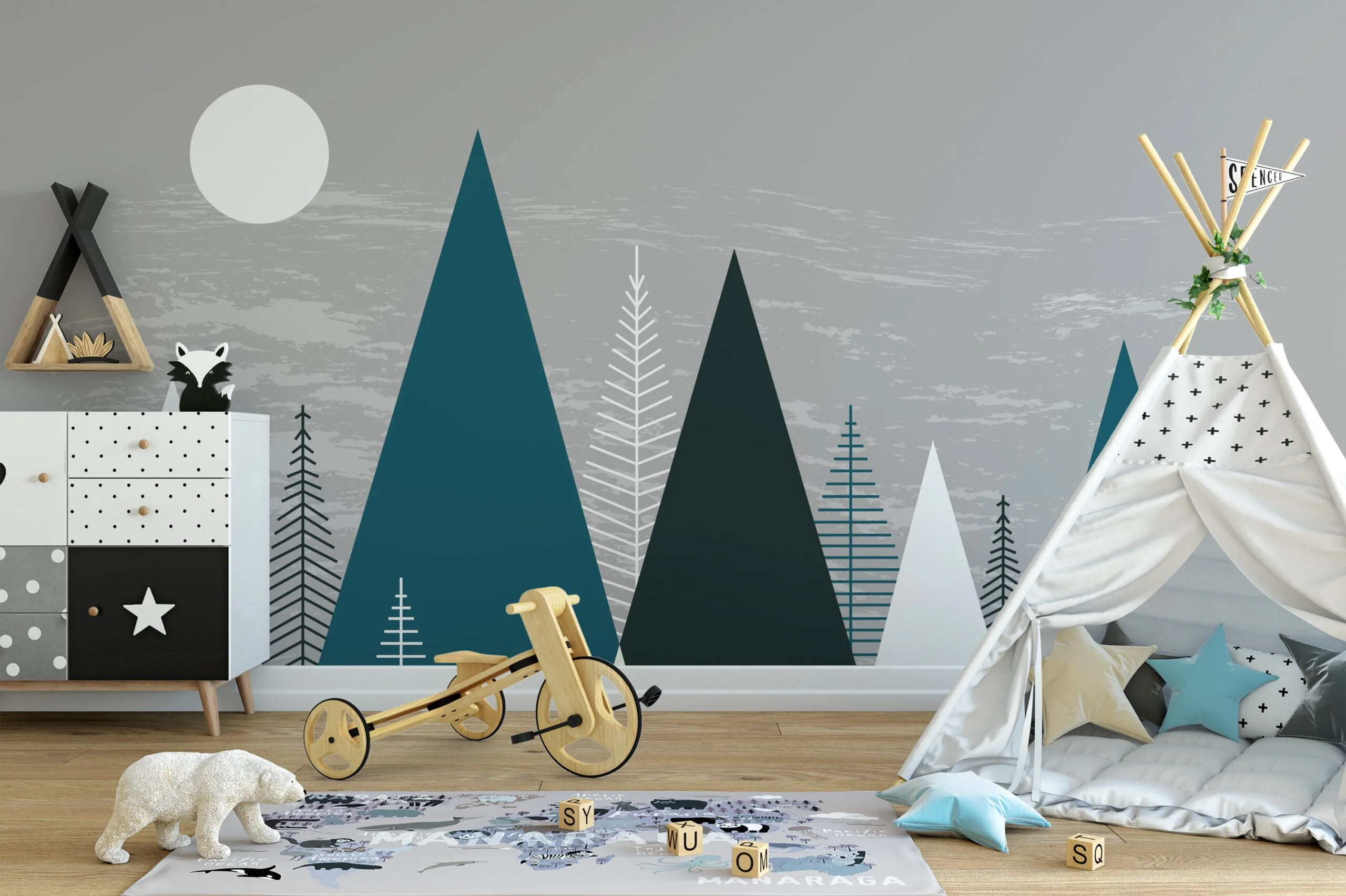 Minimalist Wallpaper With Abstract Mountains And Trees, Forest Silhouette Peel & Stick Wall Mural