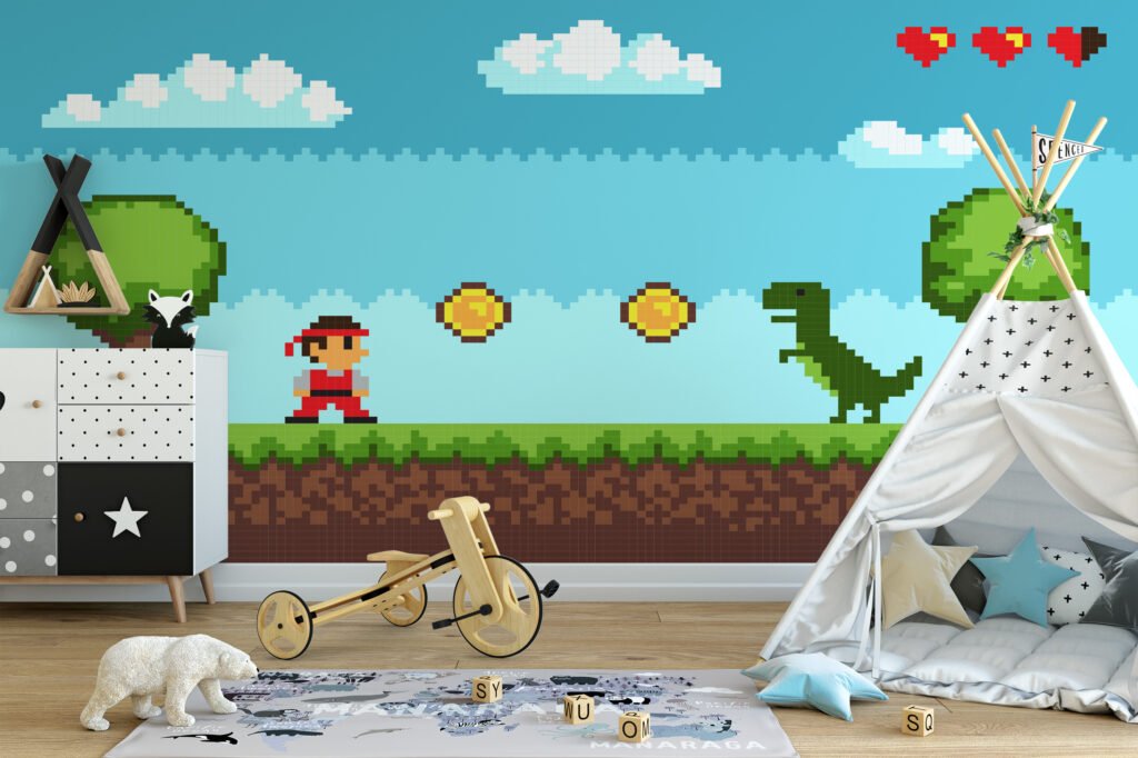 Pixel Art Game Level Platform With A Dinosaur Wallpaper, Classic 8-bit Adventure Game Scene Peel & Stick Wall Mural