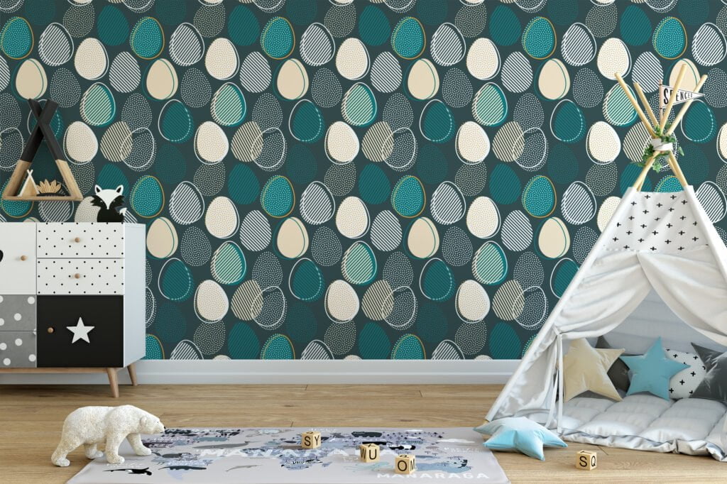 Teal Egg Shaped Abstract Illustration Wallpaper, Elegant Geometric Navy Peel & Stick Wall Mural