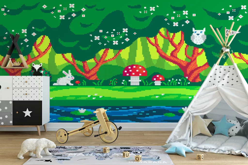 Pixel Art Forest Kids Room Wallpaper, Enchanted Forest Pixel Art Peel & Stick Wall Mural