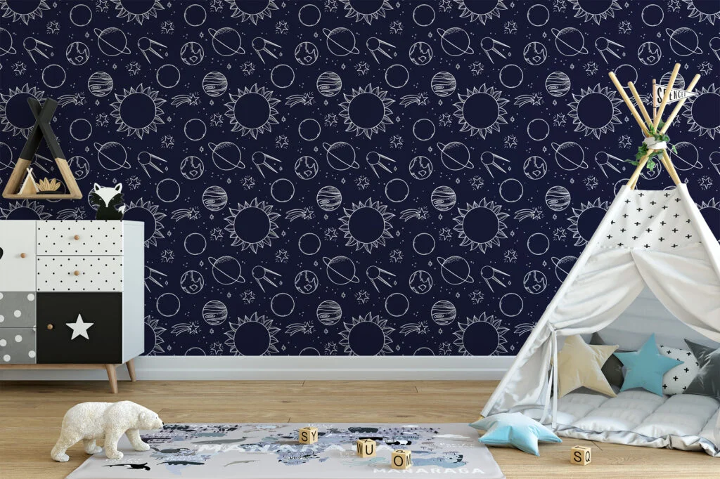 Planets And Space Line Art Design Wallpaper, Navy Cosmic Pattern Peel & Stick Wall Mural