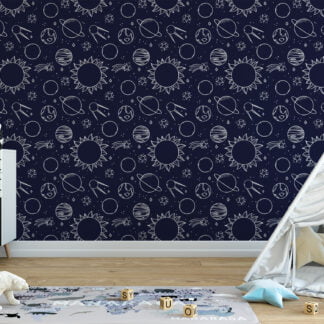 Planets And Space Line Art Design Wallpaper, Navy Cosmic Pattern Peel & Stick Wall Mural