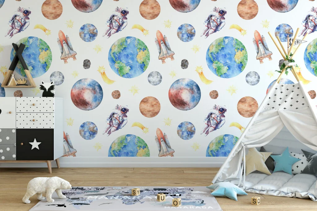 Watercolor Astronaut And Space Themed Planets Illustration Wallpaper, Astronaut and Space Shuttle Peel & Stick Wall Mural