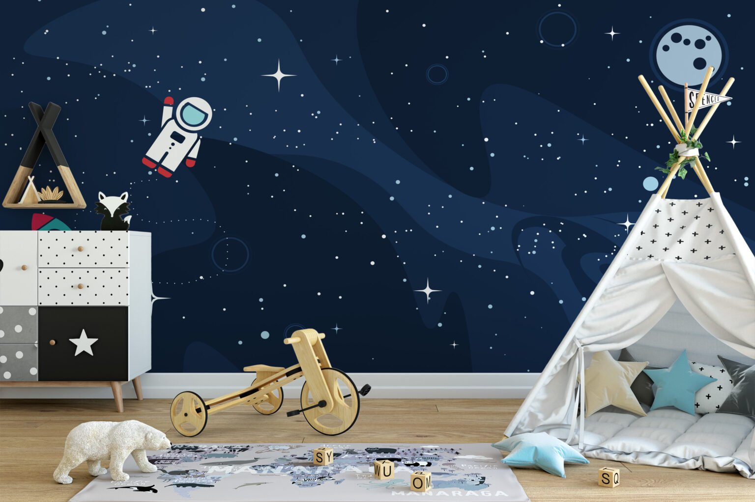 Space Nursery Wallpaper With Astronaut And Stars, Modern Astronaut In ...