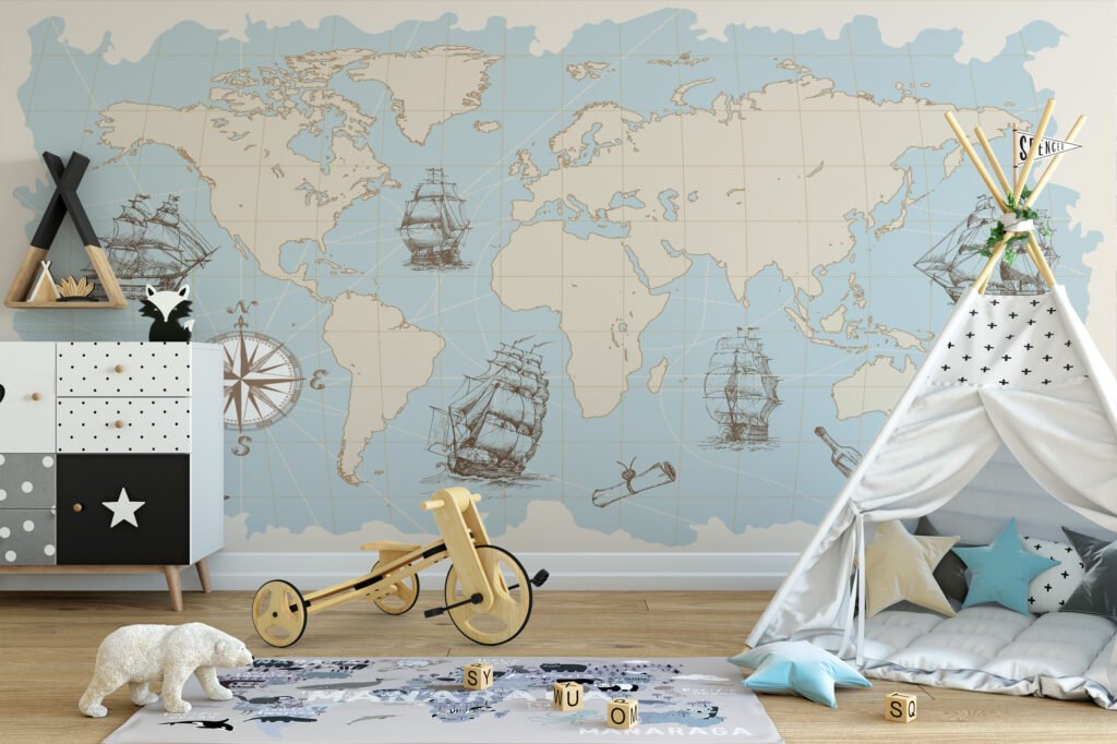 Pastel Blue World Map With Pirate Ships Wallpaper, Vintage Nautical World Map Peel & Stick Wall Mural