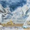 Large White Mystical Fantasy Unicorns With Castles In The Clouds Wallpaper, Enchanted Pegasus Peel & Stick Wall Mural