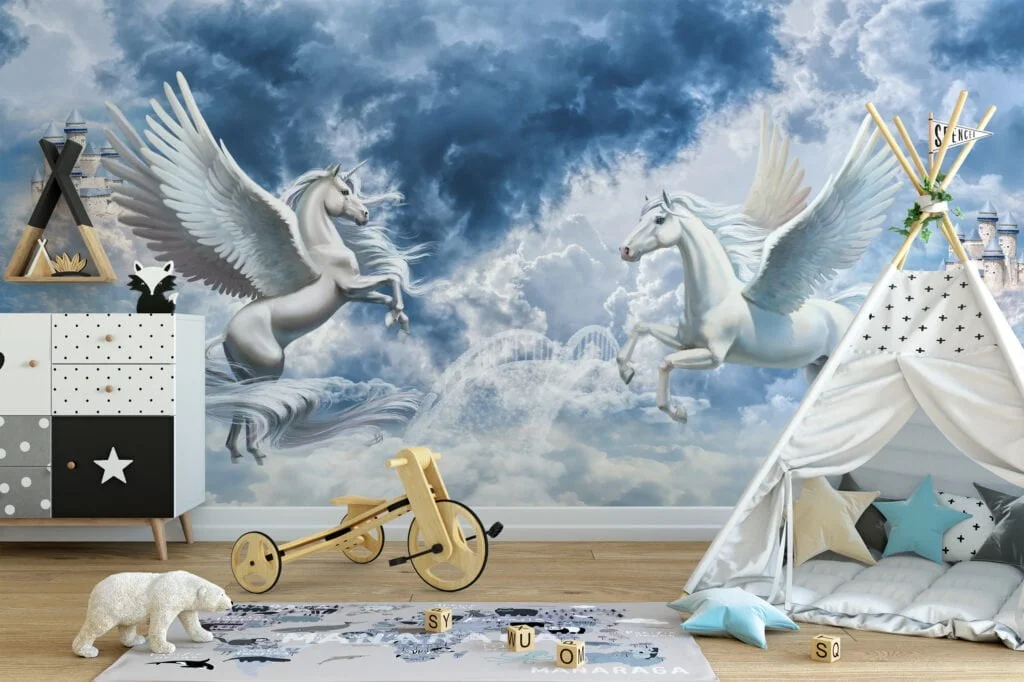 Large White Mystical Fantasy Unicorns With Castles In The Clouds Wallpaper, Enchanted Pegasus Peel & Stick Wall Mural