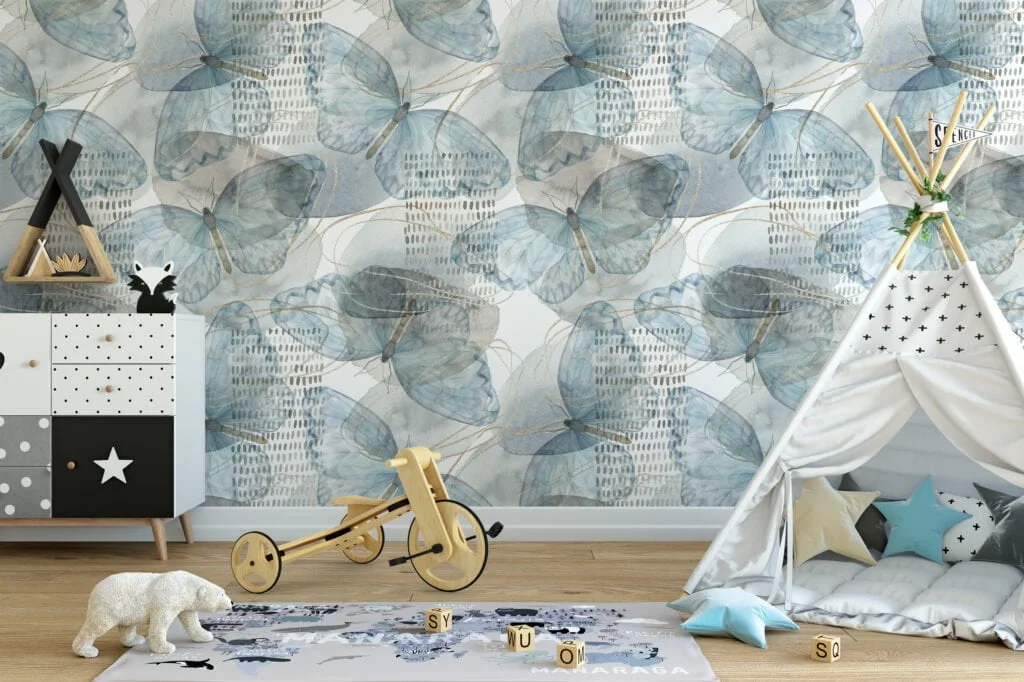 Light Blue Watercolor Butterflies Pattern Wallpaper, Vintage Tranquil Butterflies Peel & Stick Wall Mural