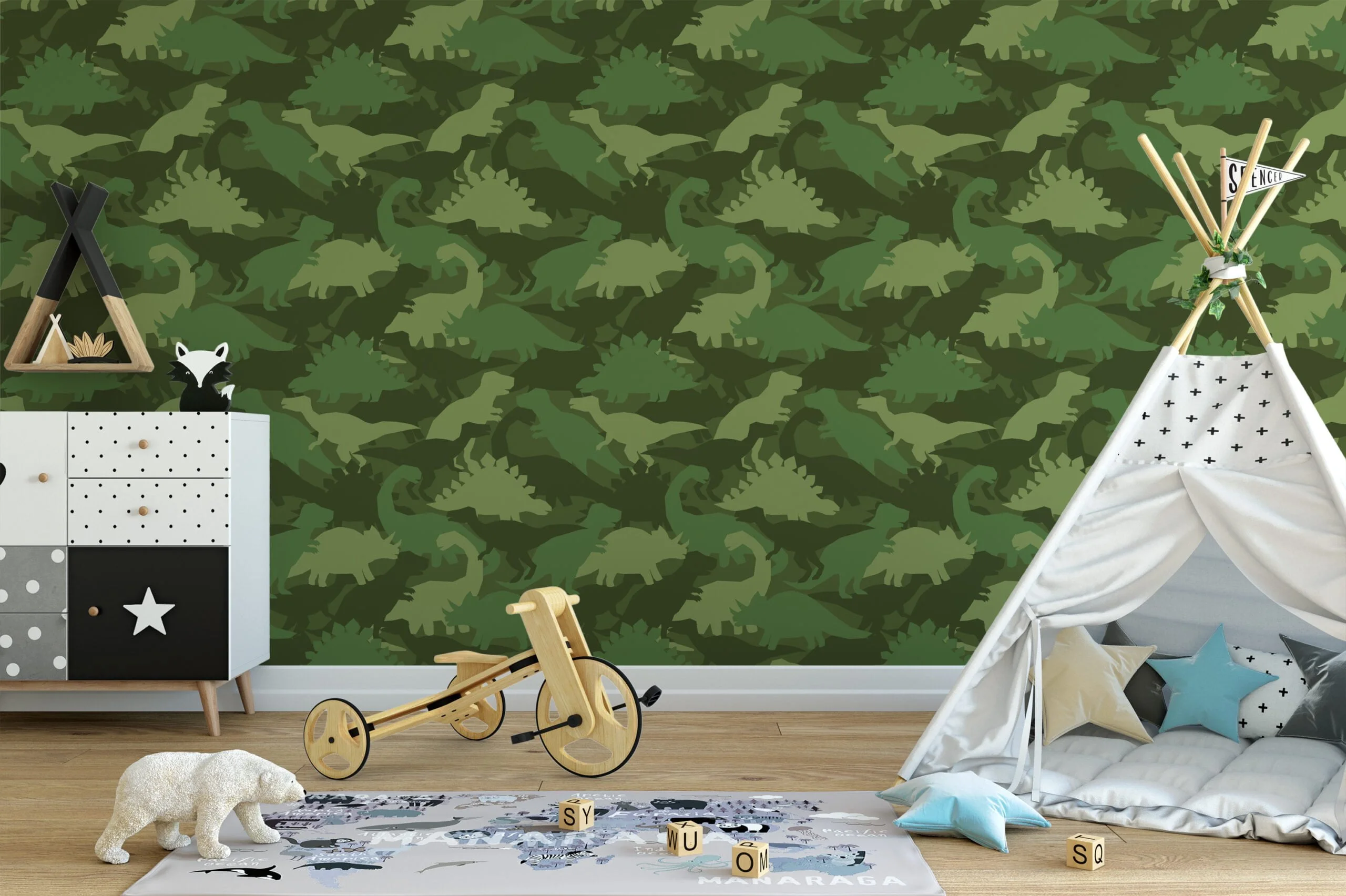Green Camouflage Dinosaur Silhouette Illustration Wallpaper, Playful Kids Adventure Peel & Stick Wall Mural