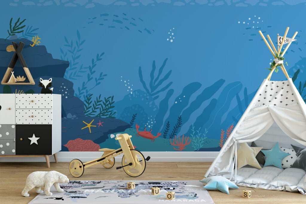 Cartoon Style Blue Underwater Ocean Illustration Wallpaper, Oceanic Nursery Art Peel & Stick Wall Mural