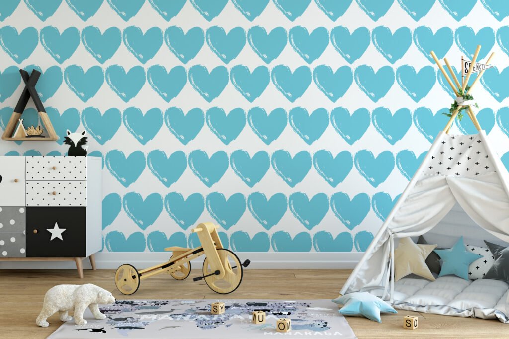 Light Blue Heart Pattern Wallpaper, Sweetheart Blue Heart Nursery Peel & Stick Wall Mural
