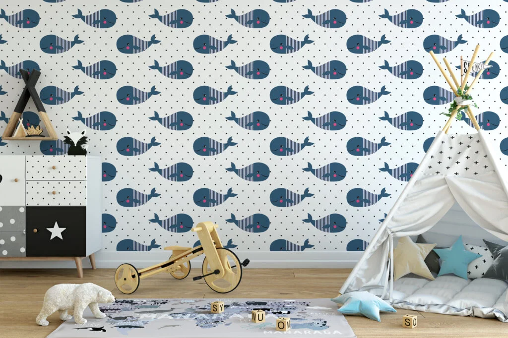 Cute Whale Illustration Pattern Nursery Wallpaper, Charming Navy Whale Peel & Stick Wall Mural