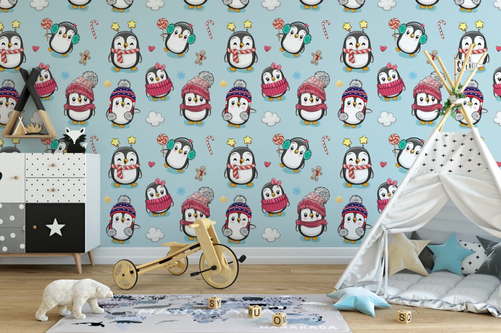 Cute Cartoon Style Christmas Penguins Illustration Wallpaper, Festive Penguin Playtime Kids Peel & Stick Wall Mural
