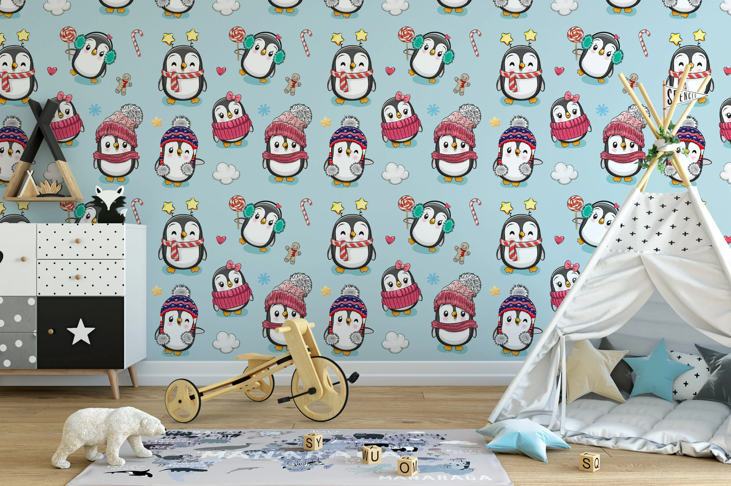 Cute Cartoon Style Christmas Penguins Illustration Wallpaper, Festive Penguin Playtime Kids Peel & Stick Wall Mural